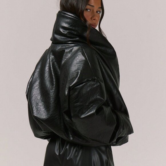 Black Casual Women's Thick Padded Fold Over Collar Faux Leather puffer Coat - Picture 5 of 5